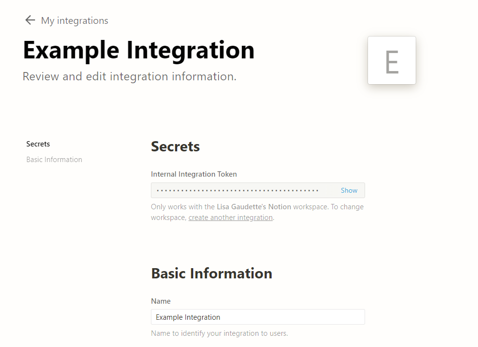 Screenshot after creating integration showing Internal Integration