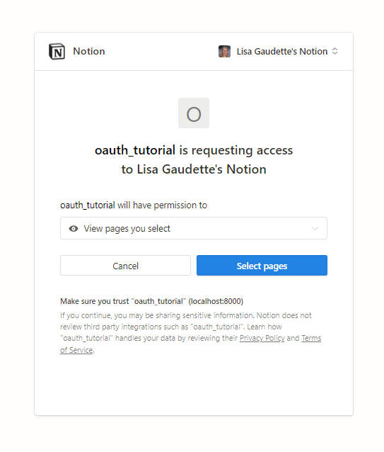 The Notion page asking for the user to approve the app and select pages to connect.