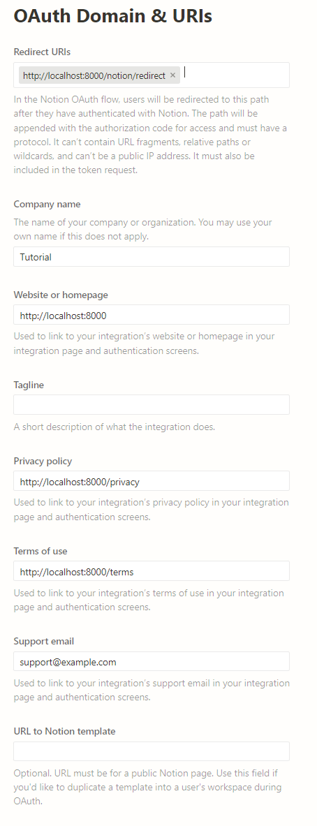 The OAuth Domain & URIs section of the Integration page. Most fields are required, but unimportant for this tutorial, however, there must be a Redirect URI that matches the route we will set up.