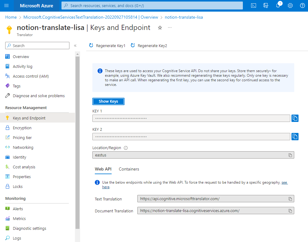 Screenshot of Keys and Endpoint page